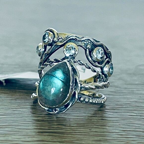 Labradorite Sterling Silver 925 Teardrop Jewel Crystal Ring - Picture 2 of 7